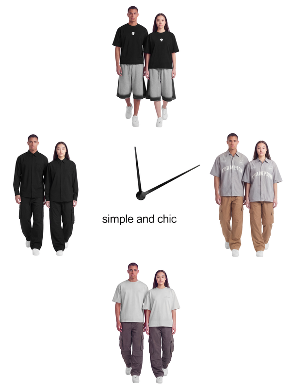 Collage of people wearing black, gray, and white outfits with a clock and text 'simple and chic' on a white background.